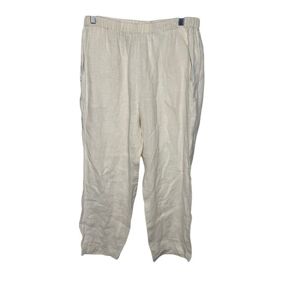 Flax by Jeanne Engelhart Cream Linen Pants Elastic Waist Pull On Cropped Size M - Picture 1 of 14